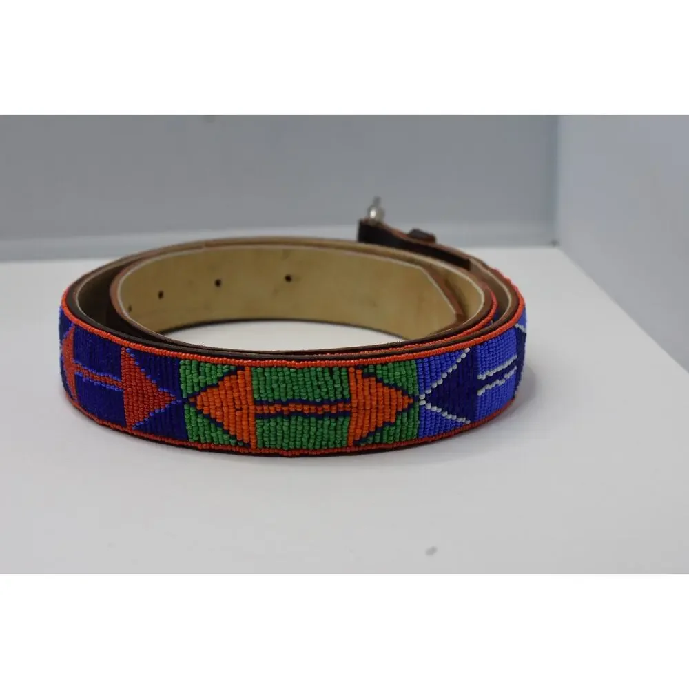 UNISEX BoHo Hand Beaded Maasai Leather Belt with Silver Tone Buckle 34-40